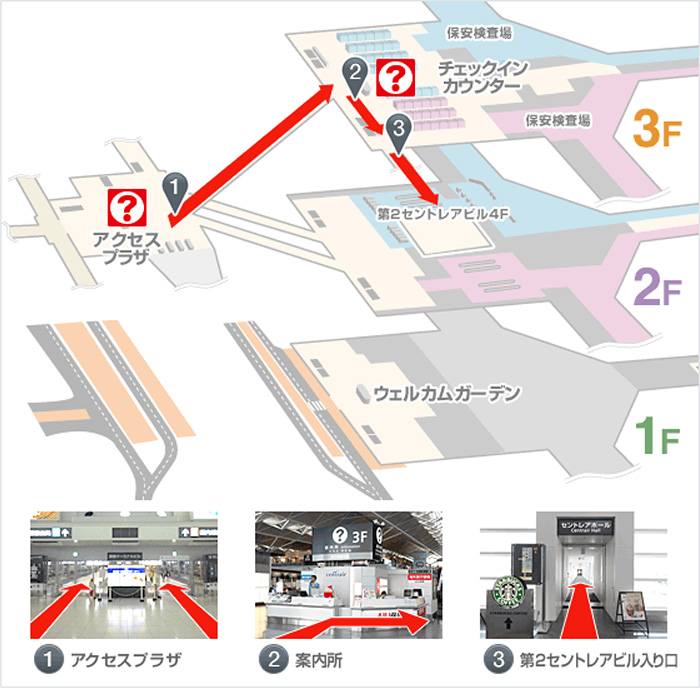 アクセスプラザからチェックインカウンターを経由してセントレアホールに向かう案内図になります。